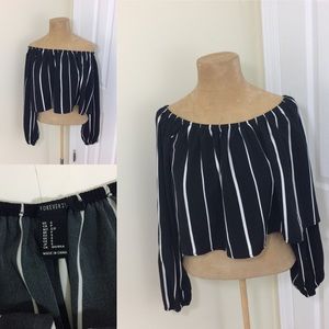 Off the Shoulder Black & white vertical stripe top